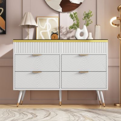Commode avec 6 tiroirs et compartiments divisés - plateau en verre - Blanc