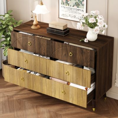 Commode avec 6 Tiroirs et Rangement Fonctionnel, Structure en MDF et Panneaux de Particules - 120x40x81 cm Naturel