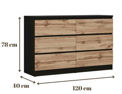 Commode Avec 6 Tiroirs, Noir / Chêne Wotan, 120 X 39 X 78 Cm