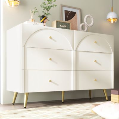 Commode avec 6 tiroirs - pieds dorés - en Panneaux de particules - Blanc