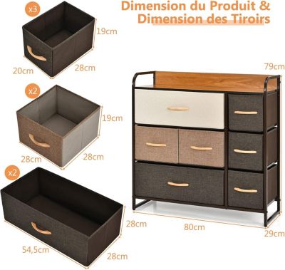 Commode avec 7 Tiroirs en Tissu et Panneau Supérieur Commode de Rangement avec Patins Réglables Poignées Pratiques