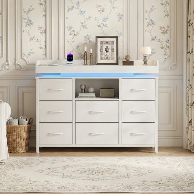 Commode avec 8 tiroirs, Commode chambre avec bande LED RGB et ports USB intégrés, structure en métal, Design scandinave, Blanc