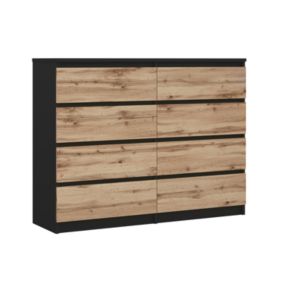 Commode Avec 8 Tiroirs, Noir / Chêne Wotan, 120 X 101 X 39 Cm