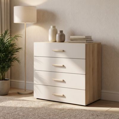 Commode beige cachemire et effet chêne avec 4 tiroirs GoodHome Atomia H. 75 x L. 75 x P. 58 cm