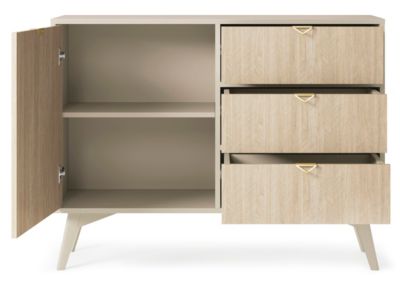 Commode : Beige Sable / Chevrons scandi, Pieds Bois, 106 x 80 x 38cm