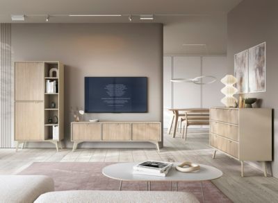 Commode : Beige Sable / Chevrons scandi, Pieds Bois, 106 x 80 x 38cm
