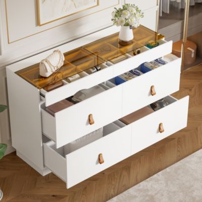 Commode à bijoux 120 cm blanche avec plateau en verre et 6 tiroirs