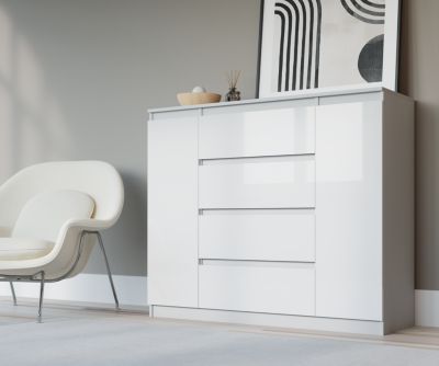 Commode, blanc / blanc brillant, 120 x 39 x 101 cm, 2 Portes, 4 Tiroirs