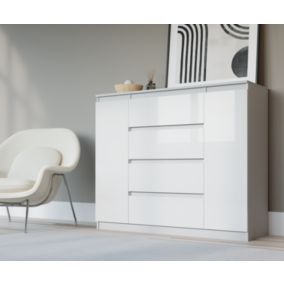Commode, blanc, blanc brillant, 140 x 39 x 101 cm, 2 portes, 4 tiroirs