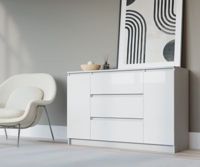 Commode, blanc mat, blanc brillant, 120 x 39 x 78 cm, 2 portes, 3 tiroirs