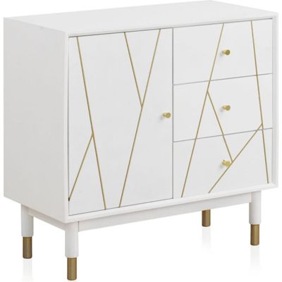 Commode blanche 3 tiroirs 1 porte décor or design contemporain 80 x 40 x 80 cm blanc laqué avec détails dorés