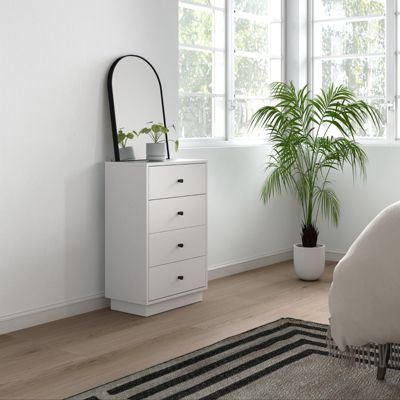 Commode blanche à 4 tiroirs en bois avec poignées noires | Castorama