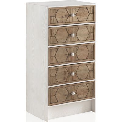 Commode blanche effet bois frêne 5 tiroirs déco hexagonale 48 x 35 x 94 cm Blanc frêne et bois naturel