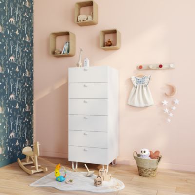 Commode blanche sur pieds 6 tiroirs chambre enfant GoodHome Atomia H. 123 x L. 50 x P. 45 cm