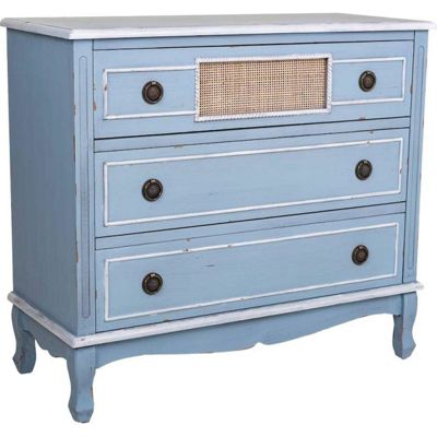 Commode bleu en bois et rotin ambiance bord de mer élégante 38 x 90 x 80 cm Bleu patiné bois naturel