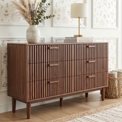 Commode Bois 100 cm avec 6 Tiroirs, Commode de Chambre Poignées et pieds en bois, Style scandinave, Marron