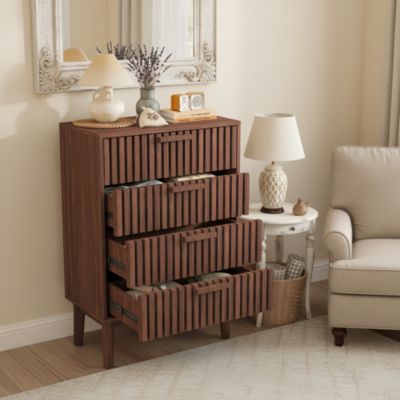 Commode Bois 60 cm avec 4 Tiroirs, Commode de Chambre Poignées et pieds en bois, Style scandinave, Marron