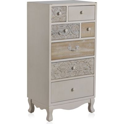 Commode bois blanc 7 tiroirs style vintage finition mate 50 x 35 x 99 cm blanc patiné effet bois clair