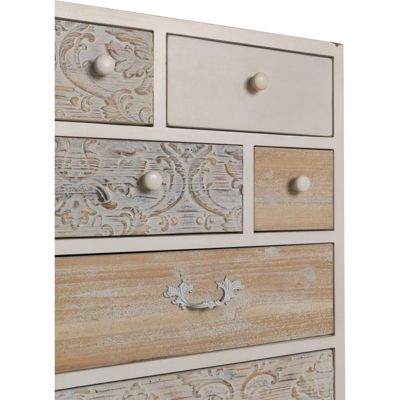 Commode bois blanc 7 tiroirs style vintage finition mate 50 x 35 x 99 cm blanc patiné effet bois clair