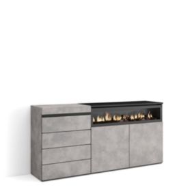 Commode buffet armoire 157x35x75 feu led sans chaleur gris ciment