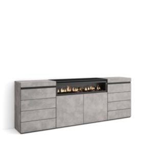 Commode buffet armoire 214x35x75 feu led sans chaleur gris ciment