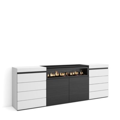 Commode buffet armoire 214x35x75cm feu led sans chaleur blanc et noir