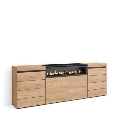 Commode buffet armoire 214x35x75cm feu led sans chaleur chêne