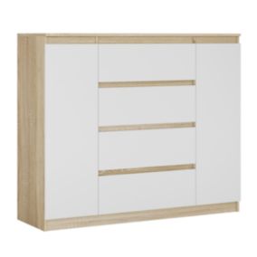 Commode, chêne sonoma / blanc, 120 x 39 x 101 cm, 2 Portes, 4 Tiroirs