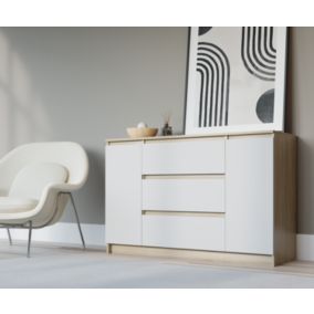 Commode, chêne sonoma, blanc mat, 120 x 39 x 78 cm, 2 portes, 3 tiroirs
