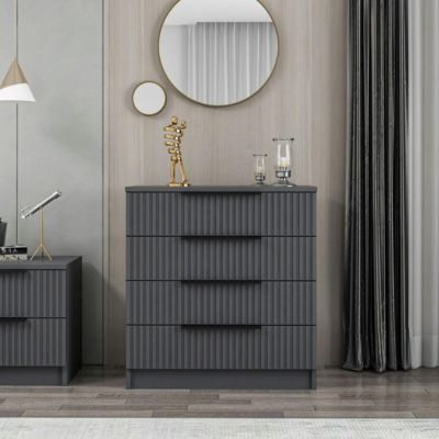 Commode chambre 4 tiroirs, façade grise rainurée BYRON