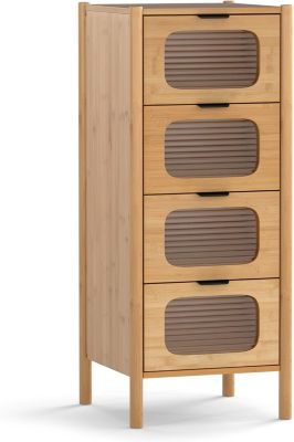 Commode Chambre à 4 Tiroirs, Tiroirs en Verre Trempé Cannelé et Poignées en Métal Noir, Commode en Bambou Naturel