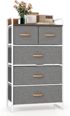 Commode Chambre 5 Tiroirs en Tissu,avec Plateau en MDF&Cadre en Métal, pour Salon, Chambre à Coucher, 58 x 30 x 100cm