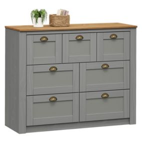 Commode chambre BOLTON L 110 cm en bois massif lasuré gris et brun 7 tiroirs meuble de rangement adulte buffet