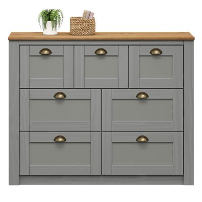 Commode chambre BOLTON L 110 cm en bois massif lasuré gris et brun 7 tiroirs meuble de rangement adulte buffet