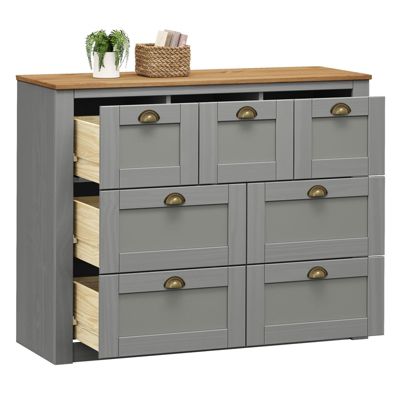 Commode chambre BOLTON L 110 cm en bois massif lasuré gris et brun 7 tiroirs meuble de rangement adulte buffet