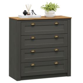 Commode chambre BOLTON L 91 cm en bois massif  gris anthracite et brun avec 4 grands tiroirs et poignées style campagne