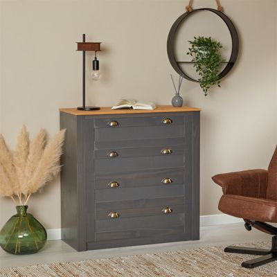 Commode chambre BOLTON L 91 cm en bois massif  gris anthracite et brun avec 4 grands tiroirs et poignées style campagne