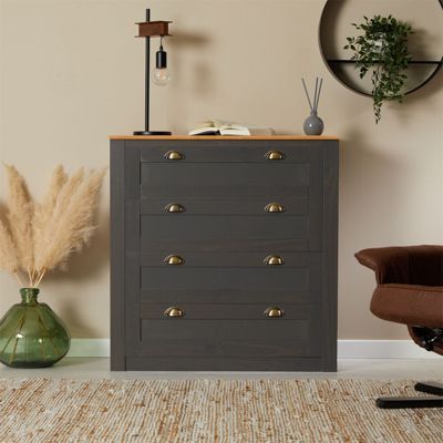 Commode chambre BOLTON L 91 cm en bois massif  gris anthracite et brun avec 4 grands tiroirs et poignées style campagne