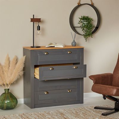 Commode chambre BOLTON L 91 cm en bois massif  gris anthracite et brun avec 4 grands tiroirs et poignées style campagne