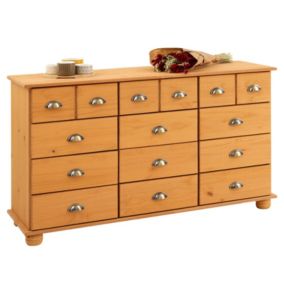 Commode chambre COLMAR L 134 cm 12 tiroirs en bois massif brun chiffonnier apothicaire rangement