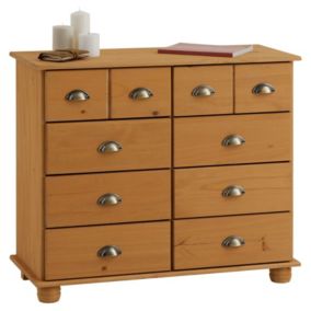Commode chambre COLMAR L 92 cm 8 tiroirs en bois massif brun chiffonnier apothicaire rangement avec poignées en métal