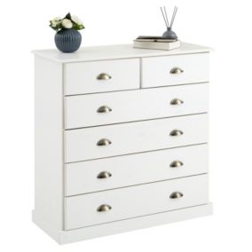 Commode chambre PARIS L 91 cm en bois massif lasuré blanc avec 6 tiroirs avec poignées coquille en métal style campagne