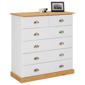Commode chambre PARIS L 91 cm en bois massif lasuré blanc et brun avec 6 tiroirs avec poignées coquille en métal