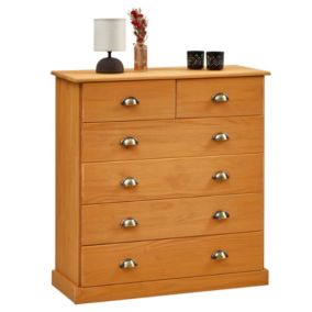 Commode chambre PARIS L 91 cm en bois massif lasuré brun avec 6 tiroirs avec poignées coquille en métal style campagne