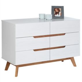 Commode chambre TIBOR L 98 cm en bois massif blanc avec 6 tiroirs, meuble de rangement à vêtements pour chambre