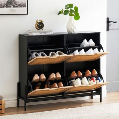 Commode à Chaussures - MEUBLE A CHAUSSURES - Bois/Métal - 100 cm - 2 Portes - Noir