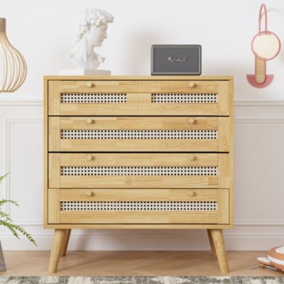 Commode classique 3 tiroirs et une couvercle bas rabattable en rotin