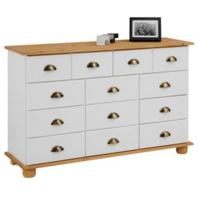 Commode COLMAR chiffonnier apothicaire rangement avec 11 tiroirs en pin massif lasuré blanc et brun