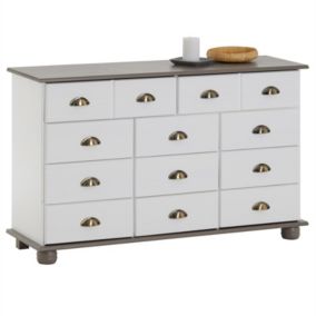 Commode COLMAR chiffonnier apothicaire rangement avec 11 tiroirs en pin massif lasuré blanc et taupe
