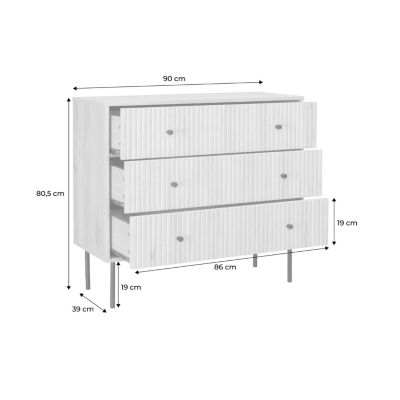 Commode contemporaine décor bois rainuré 3 tiroirs poignées métal noir